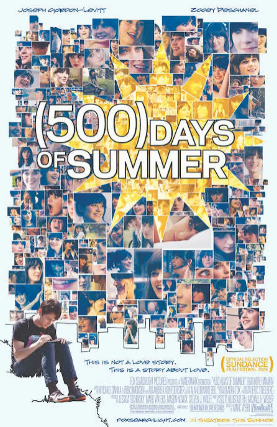 Afiche de (500) Days of Summer: un collage de cientos de fotos de rostros forma el skyline de una ciudad; abajo a la izquierda, Joseph Gordon-Levitt sentado, dibujando
