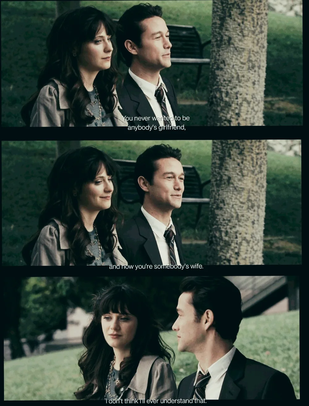 Tres fotogramas seguidos de la escena final en la banca del parque: Tom y Summer, ya casada con otro, conversan; los subtítulos dicen "You never wanted to be anybody's girlfriend, and now you're somebody's wife. I don't think I'll ever understand that"