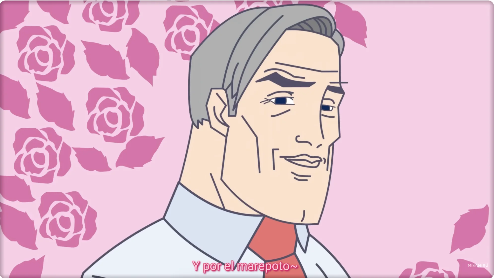 Rostro de Piñera con mandíbula exagerada tipo "giga-chad" sobre un fondo de rosas rosadas