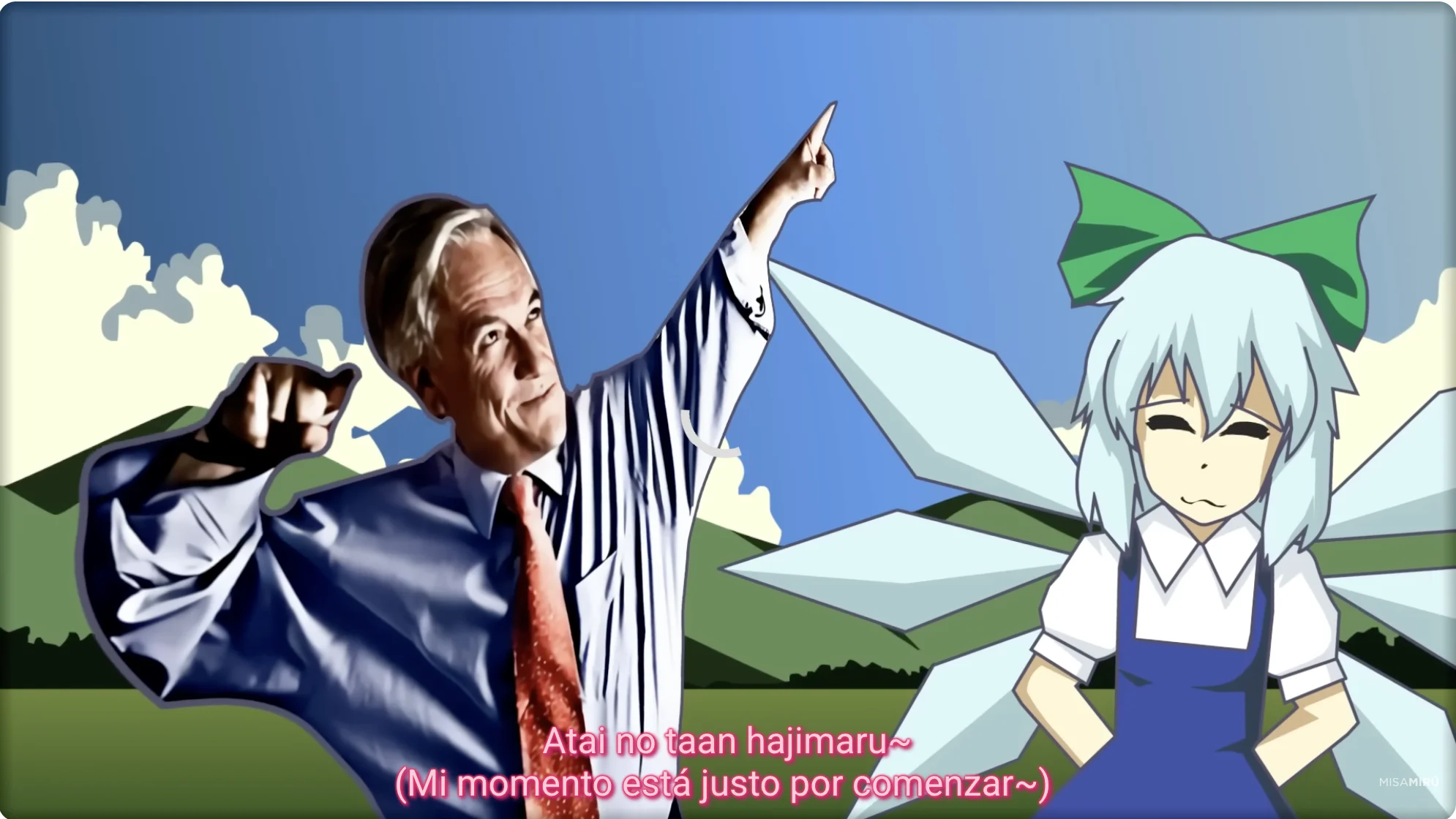 Piñera con el brazo en alto junto a Cirno, el hada de hielo de Touhou Project, con el subtítulo "Mi momento está justo por comenzar"