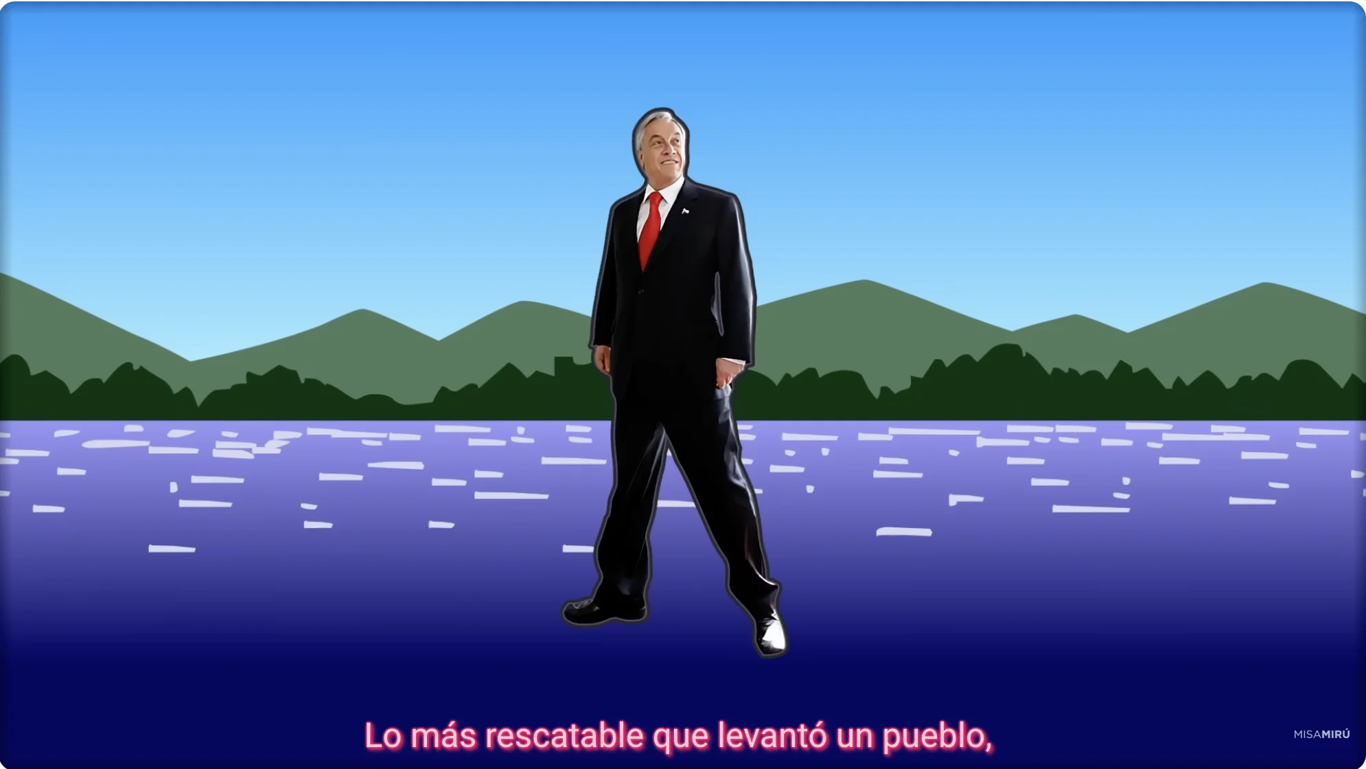 Silueta de Piñera de traje caminando sobre un lago, con el texto "Lo más rescatable que levantó un pueblo"