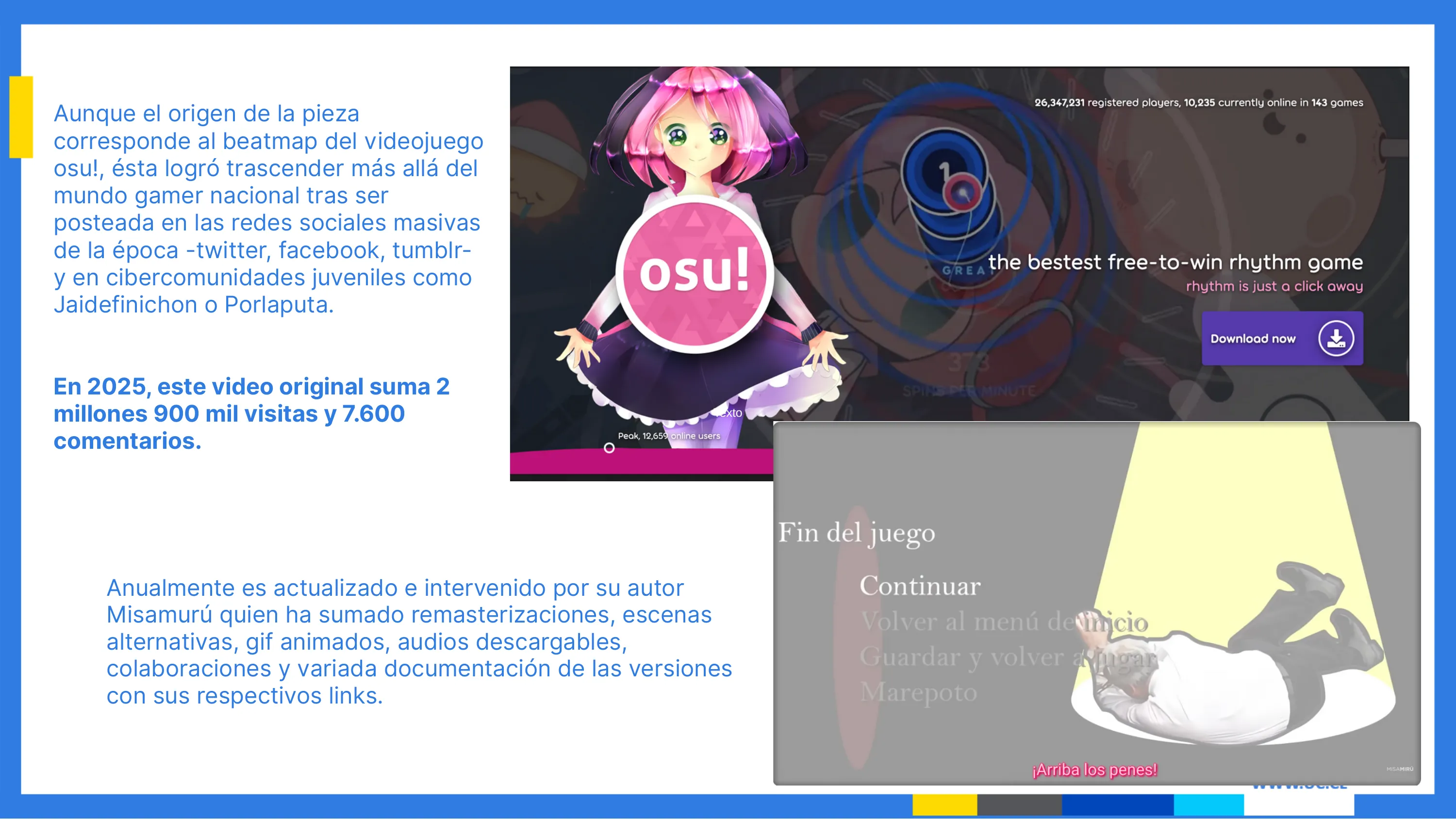 Diapositiva sobre el origen del video en el beatmap de osu! y sus cifras de circulación