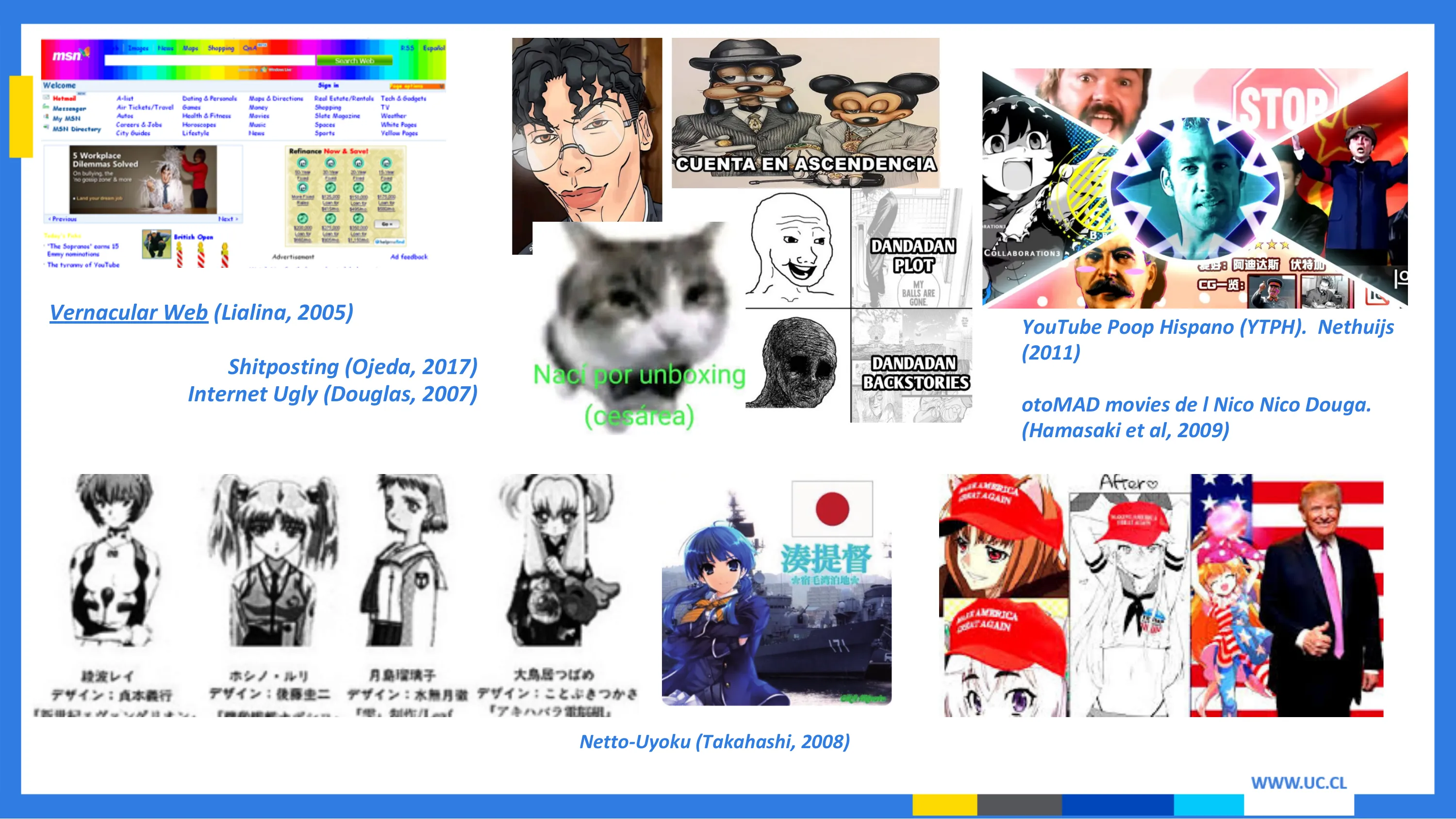 Diapositiva de genealogía visual: Vernacular Web, shitposting, Internet Ugly, YouTube Poop Hispano, otoMAD y Netto-Uyoku