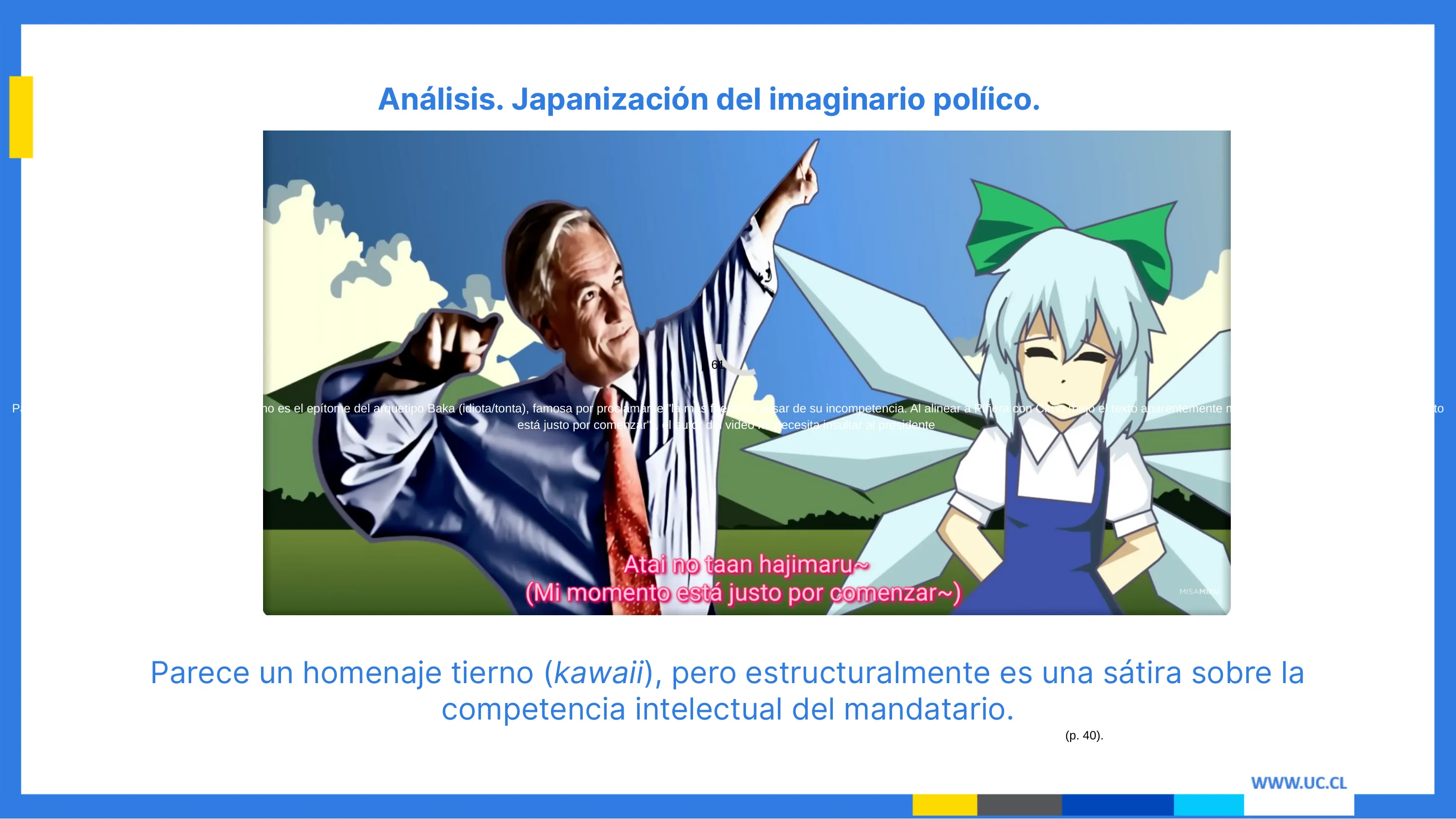 Diapositiva de análisis sobre la japonización del imaginario político con la imagen de Cirno y Piñera