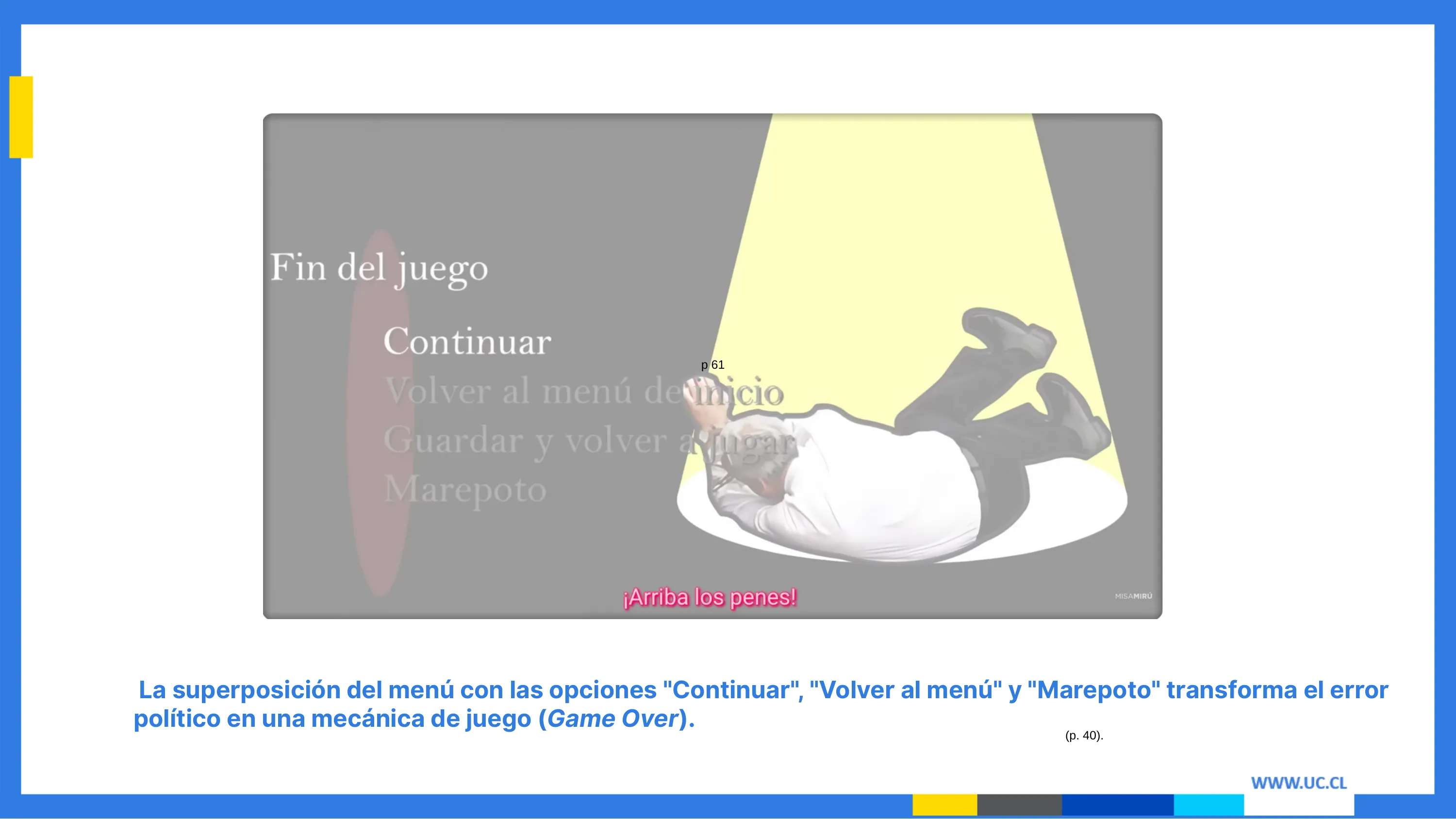 Diapositiva sobre la caída de Piñera convertida en pantalla de Fin del juego