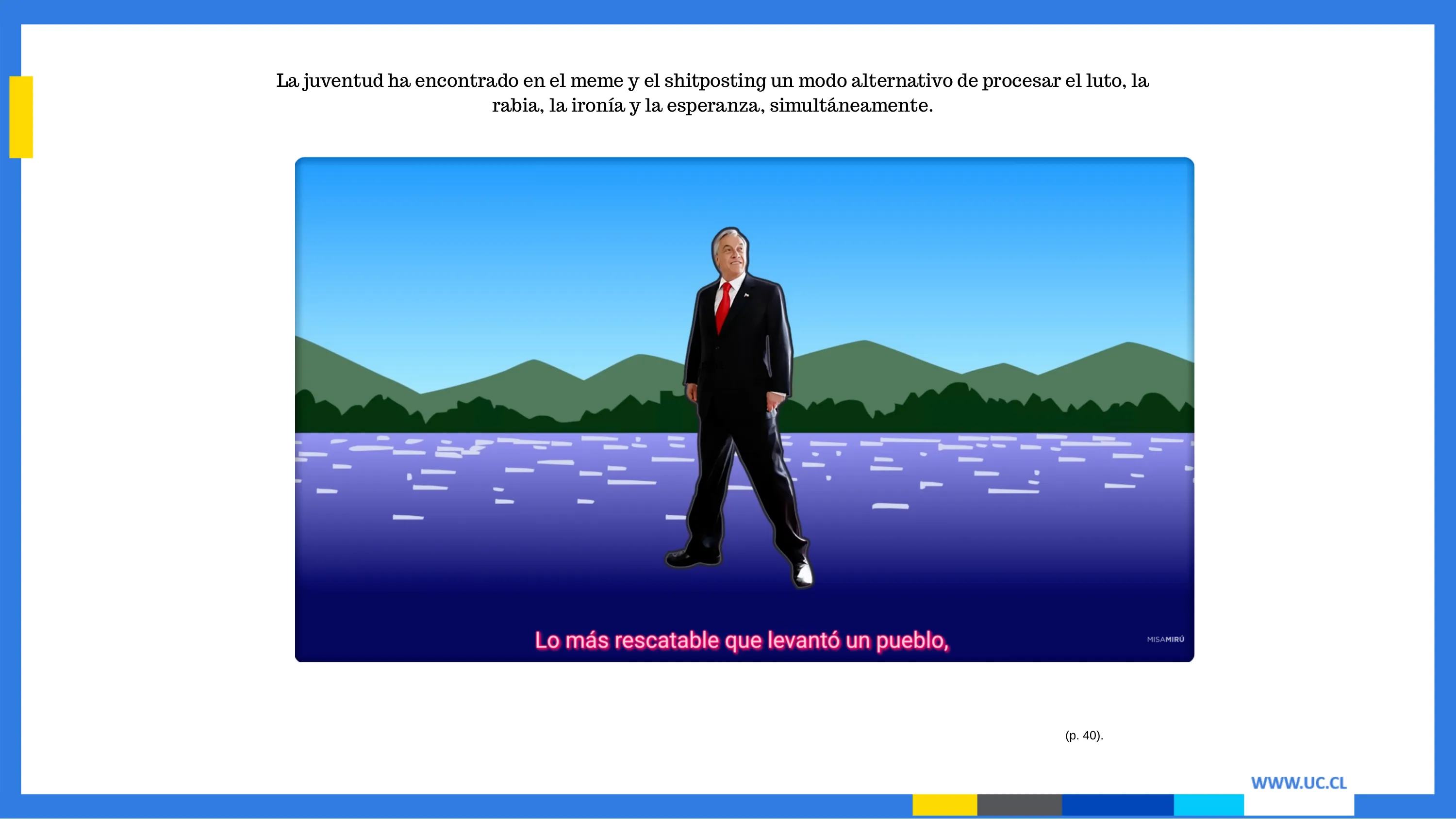Diapositiva de cierre sobre el meme y el shitposting como forma de procesar el luto, la rabia, la ironía y la esperanza