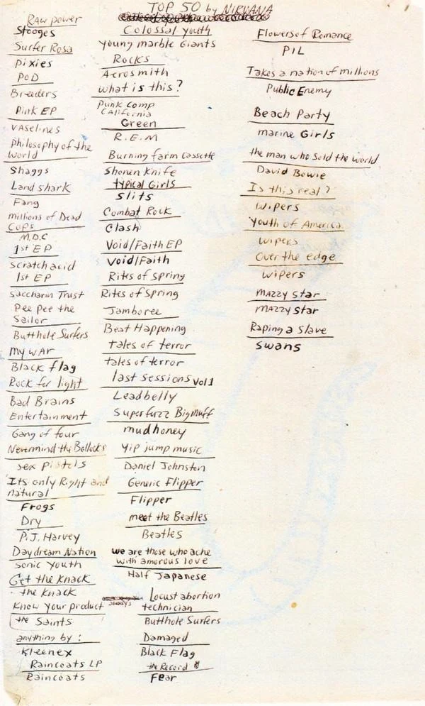 Página escaneada de un cuaderno con una lista manuscrita titulada "Top 50 by Nirvana", con nombres de discos y bandas