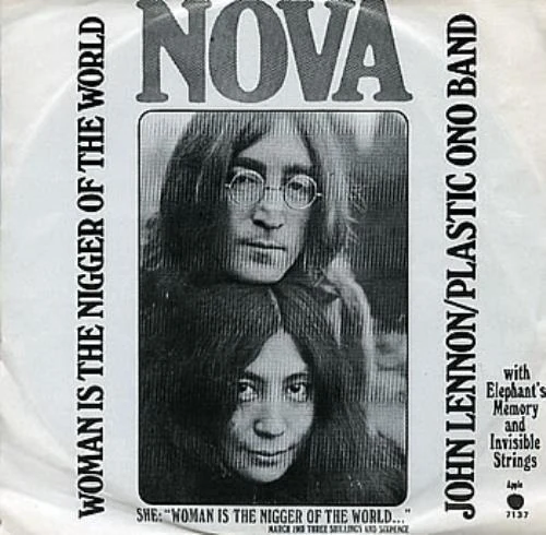 Portada del sencillo Woman Is the Nigger of the World de John Lennon y Yoko Ono, con retratos en blanco y negro de ambos